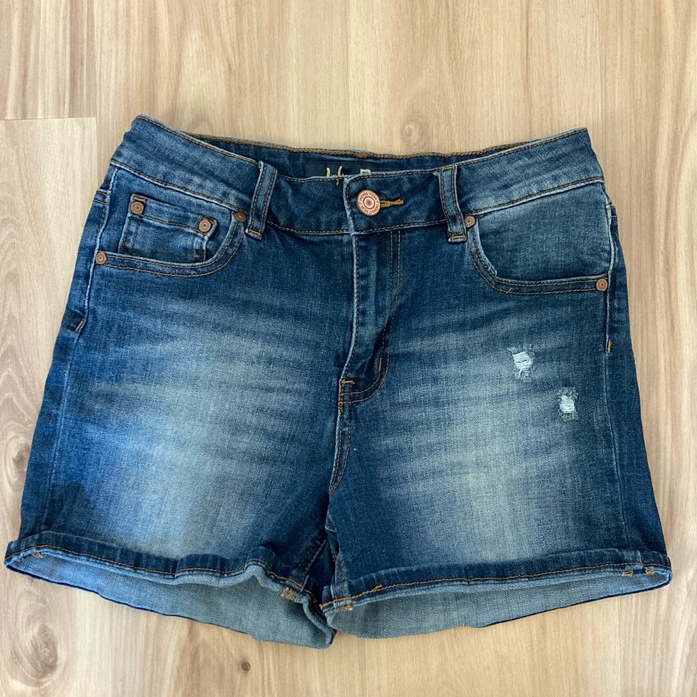 Dark wash midi jean shorts